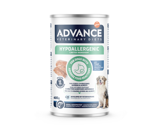 ADVANCE VETERINARY DIET DOG Hypoallergenic TROUT 400gr - mitrā barība, kas paredzēta visu izmēru suņiem ar alerģiskām reakcijām uz barību