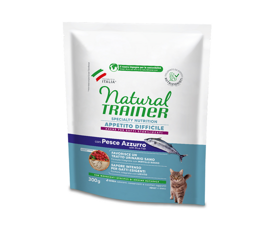 NATURAL TRAINER CAT APPETITO DIFFICILE WITH BLUE FISH 300G - pilnvērtīga  pilnvērtīga un sabalansēta barība pieaugušiem kaķiem no 1 gada vecuma