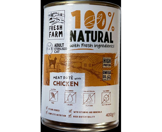 Prefera Fresh Farm CAT Sile pate kanaga 400 gr - täisväärtuslik toit kassidele, pasteedi kujul konservid kassidele, kanalihaga.