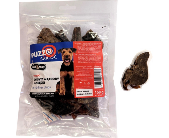 HAU&MIAU dog treat, lamb liver chips 6x3cm 150g - papildbarība suņiem, gardie jēra aknu čipsi 6x3cm