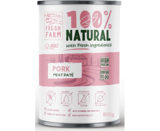 Prefera Fresh Farm Dog Smooth pate with pork 800gr - pilnvērtīga barība, pastētes veida konservi suņiem, ar cūkgaļu.