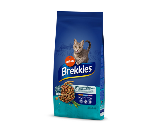 BREKKIES cat Salmon 15,0kg - pilnvērtīga sausā barība pieaugušiem kaķiem, ar lasi un tunci, dārzeņiem un graudaugiem.