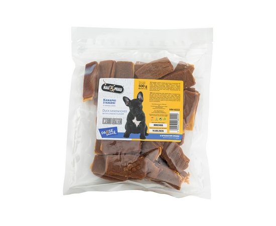 HAU & MIAU duck sanwiches with chesse flavor 500g - papildbarība pieaugušiem suņiem, pīles gaļas sendviči ar siera garšu