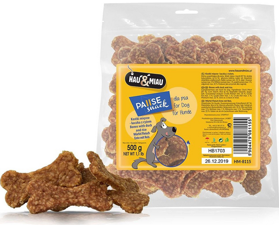 HAU&MIAU meatbonеs with duck and rice 500g - дополнительный корм для взрослых собак, вкусные мясные косточки с уткой и рисом