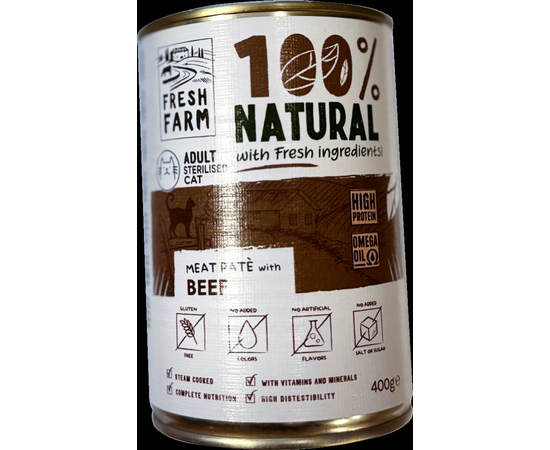 Prefera Fresh Farm CAT Smooth pate koos veiselihaga 400 gr - täisväärtuslik toit kassidele, pasteedi kujul konserveeritud toit kassidele, veiselihaga