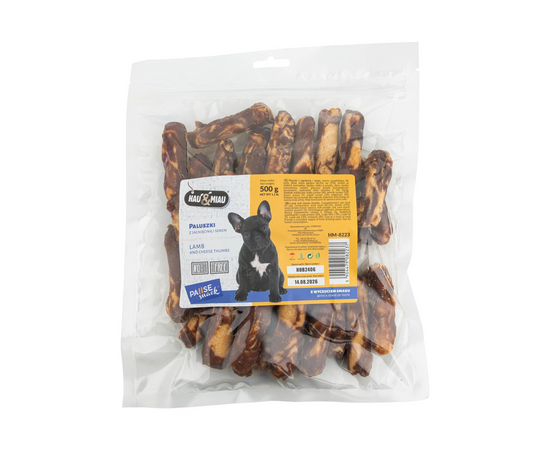 HAU & MIAU lamb  and chesse thumbs 500g – papildbarība pieagušiem suņiem, jēra gaļas un siera standziņas