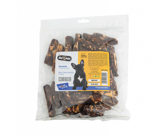 HAU & MIAU beef and chesse thumbs 500g – papildbarība pieagušiem suņiem, liellopu gaļas un siera standziņas.