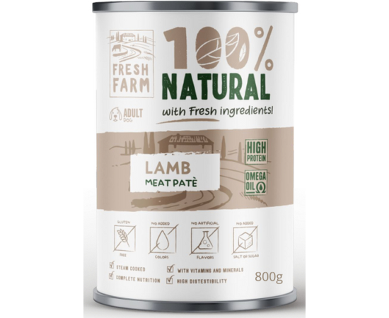 Prefera Fresh Farm Smooth pate with lamb 800gr - pilnvērtīga barība, pastētes veida konservi suņiem, ar jēra gaļu.