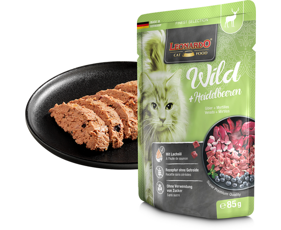 LEONARDO mitrā barība kaķiem ar brieža gaļu un mellenēm 85 g